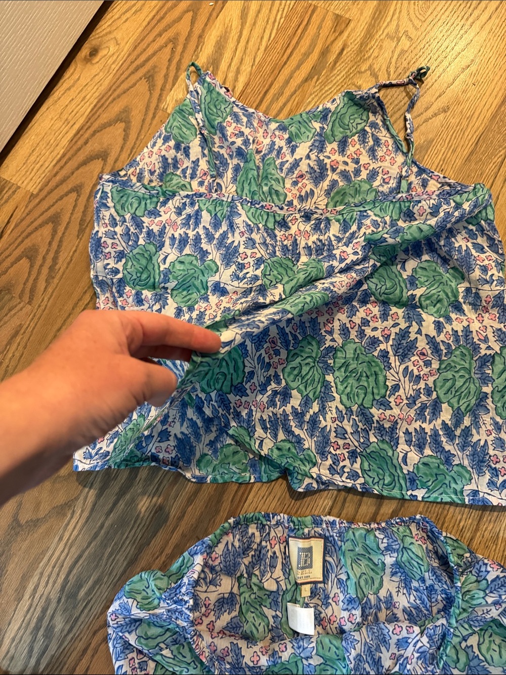 Floral Leaf Print Cami & Shorts Pajama Set - Green & Blue - Picture 3 of 4